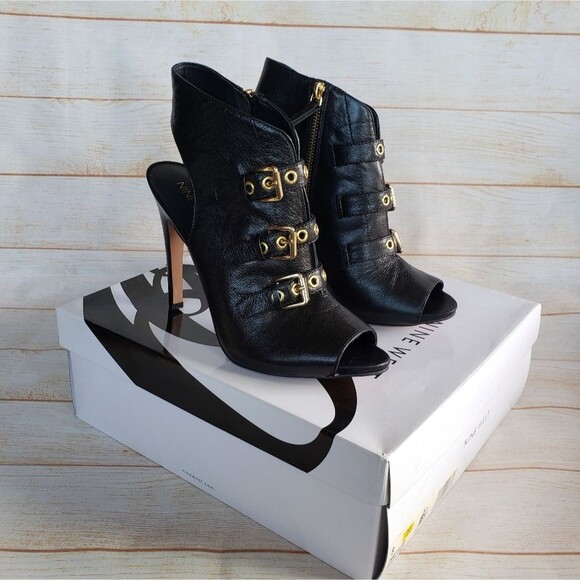 Nine West Leather Mohawkit Peep Toe Heeled Ankle Boots Booties Buckle Black 8M - Picture 2 of 16